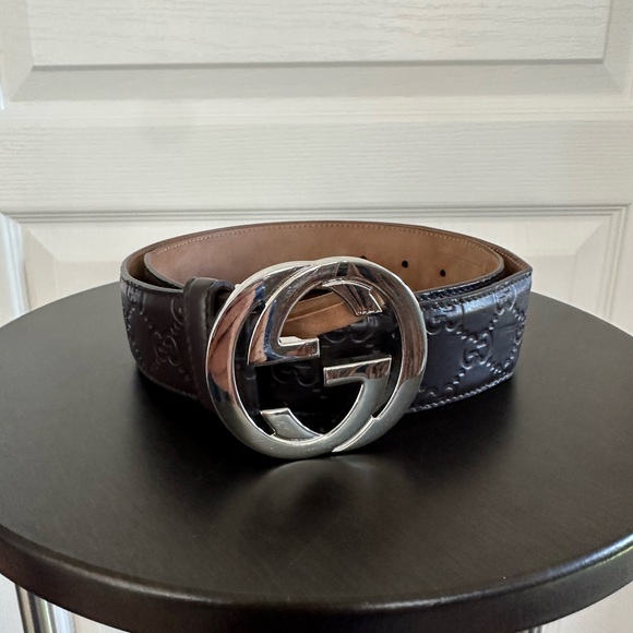 Gucci Logo Embossed Brown Leather Belt - Used Size 85-34 Interlocking GG - Picture 1 of 10